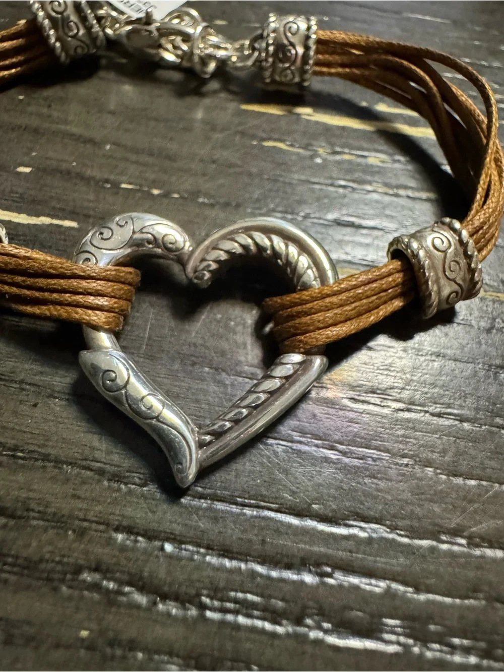 Brighton Silver Heart Accent Brown Cord Bracelet